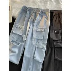 Calça Jeans masculina funcional com vários bolsos, roupa de rua estilo Hong Kong, primavera verão, alta rua, solta, pern