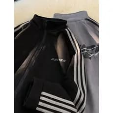 Camurça gola moletom jaqueta masculina outono Street Wear vibe pesado jaqueta Casual americano listrado esportes topo
