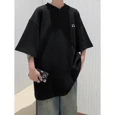 Estilo japonês bordado em torno do pescoço de manga curta camiseta masculina Street Wear Casual All-Match metade @