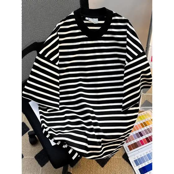 Preto branco listrado de manga curta camiseta masculina verão americano Retro em torno do pescoço meia manga camiseta St