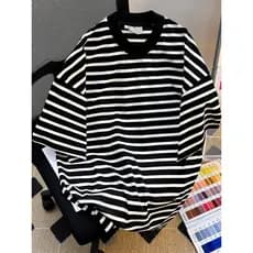 Preto branco listrado de manga curta camiseta masculina verão americano Retro em torno do pescoço meia manga camiseta St