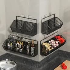 Cesta suspensa de gengibre e alho, sem perfuração, prateleira de cozinha, estrutura de tempero montada na parede, ferram