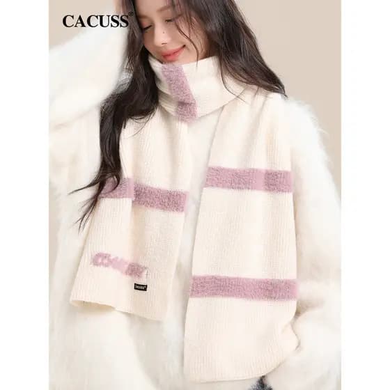 CACUSS cachecol outono inverno senhoras versão coreana costura listrado Mohair contraste cor macio ceroso babador manter