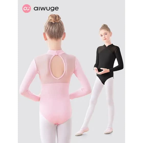 Roupas de dança infantil primavera outono gola alta rede macia de manga comprida roupas de prática de balé meninas dança