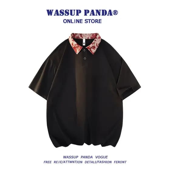 WASSUP PANDA Retro Costura Camisa Gola Manga Curta Camiseta Masculina Verão Contraste Cor Solta Camisa POLO Camisa de Me