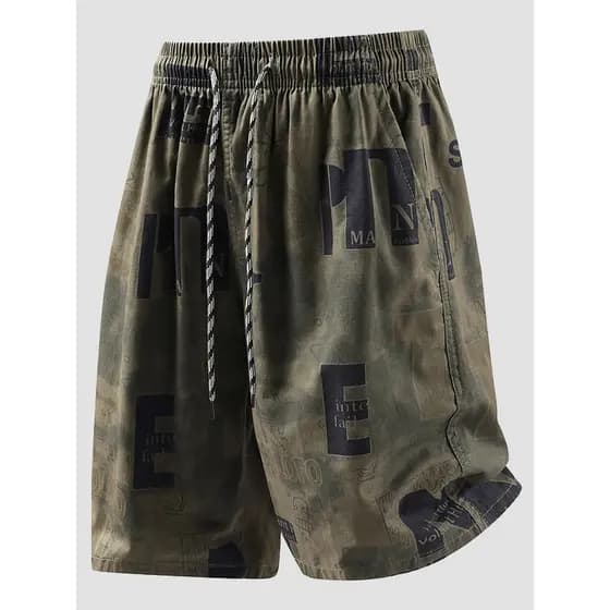 Verão masculino cintura elástica Tie-Dye carta puro algodão Shorts cordão solto em linha reta juventude na moda Casual c