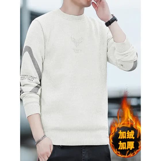 Camisola de pescoço redondo forro de lã masculino engrossado camisola de lã de uma peça outono inverno quente lã malha c