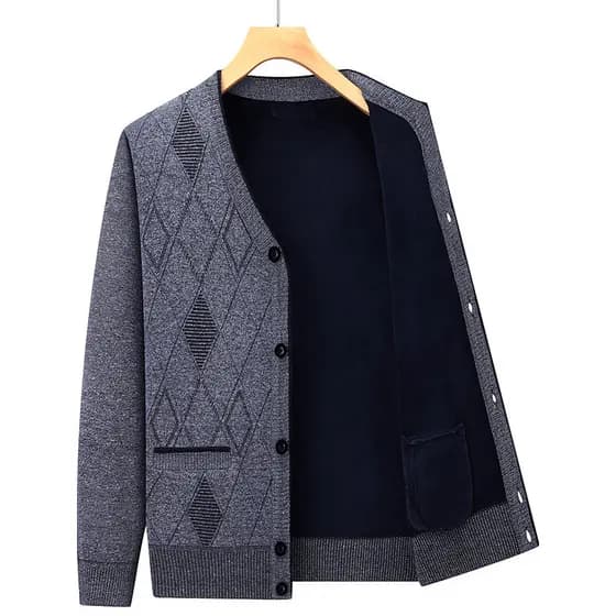 Novo simples All-Match de meia-idade idosos masculino com decote em V Cardigan velo engrossado camisola pai quente camis