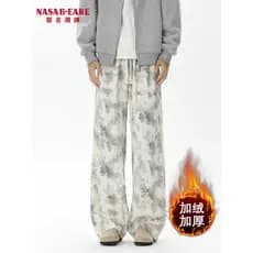 NASAB-EARE Estilo Japonês Tie-Dye Calças Casuais Homens Outono Inverno Reto Engrossado Lã-Fleece-