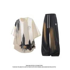 NASAB-EARE Street Wear Americano Terno de Manga Curta Masculino Verão Solto Casal Camiseta Esportiva Terno Masculino de