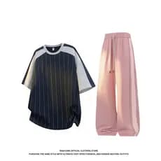 NASAB-EARE estilo americano três barras de manga curta camiseta calças terno de duas peças masculino verão fino solto si