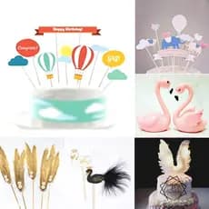 Decoração de bolo de aniversário, cartão de inserção de penas, bandeira, preto, branco, cisne, Flamingo, astronauta, dec