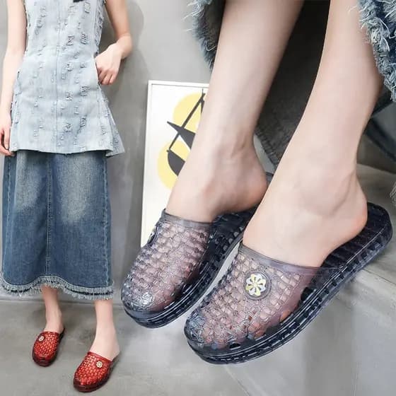 Chinelos de cristal feminino verão casa exterior usar oco respirável sola grossa Anti-deslizamento desodorante Casual bu