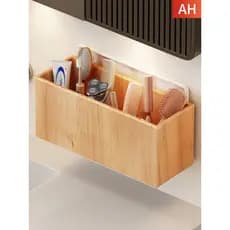 Rack de pente de madeira maciça, escova de dentes para banheiro, sem perfuração, montado na parede, tubo de armazenament