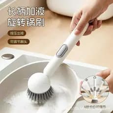 Escova de limpeza de panelas com cabo longo para adicionar líquidos, escova ajustável para lavar louça e limpar a cozinh