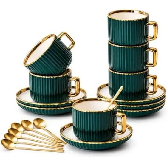 Conjunto De 6 Xícaras E Pires De Café Verde De 10 Onças ,