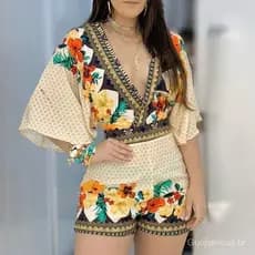 GUOJH Macacão feminino casual, verão, estampa floral, 2024, manga 3/4, costas abertas, roupas femininas