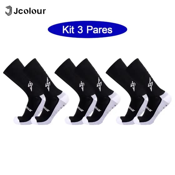 Meias Esportivas Antiderrapantes Jcolour, Kit com 3 Pares, Meias de Cano Alto para Futebol, Corrida
