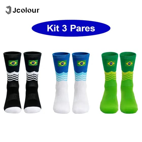 Meias de Futebol Jcolour Kit 3 Pares Estampadas com Bandeira do Brasil, Ideais para Torcedores