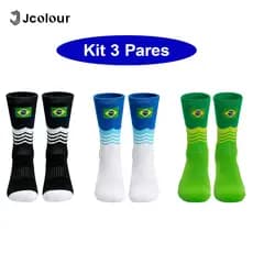 Meias de Futebol Jcolour Kit 3 Pares Estampadas com Bandeira do Brasil, Ideais para Torcedores