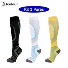Kit 3 Pares Meias de Compressão Cano Alto Jcolour Coloridas, Meias Esportivas para Circulação