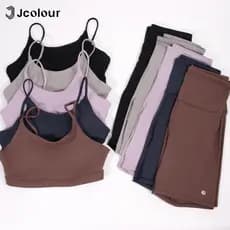 Conjunto Esportivo Feminino Jcolour Top e Short Ciclista Alta Cintura Elástico para Pilates e Uso