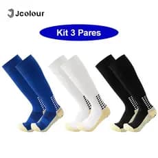 Kit 3 Pares Meias Esportivas Antiderrapante Cano Longo para Futebol Academia Varias Cores