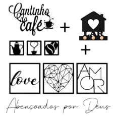 Kit 6 Placas Decorativas + 2 Letreiros Cantinho do Café e Abençoados por Deus + Porta Chaves Lar