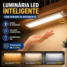 Smart Luminária Inteligente Ultra LED com sensor de movimento sem fio e Recarregável USB fino barra 20/30/40cm