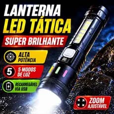 Lanterna LED Tática Alta Potência Super Brilhante com Zoom 5 Modos Luz de Emergência Recarregável