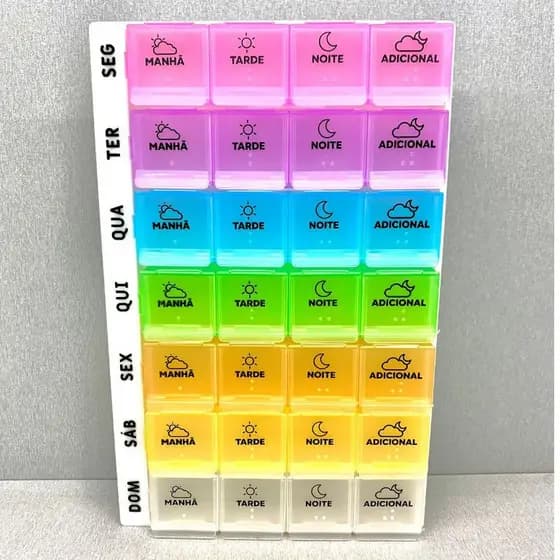 Porta Comprimidos 11x18cm Semanal Com 28 Compartimentos Multicoloridos Para Remédios Prático E Útil LOJAAGORA