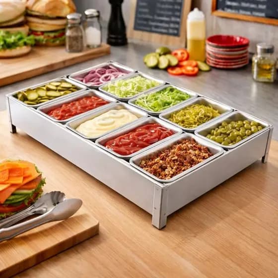 Porta Condimentos 10 Cubas De Inox Profissional Condimentadora Para Bancada