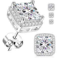 Brincos de halo com moissanite, formato quadrado, prata esterlina 925, cor D, corte princesa VVS1, 4,5-6,5mm, 1,12-3,26
