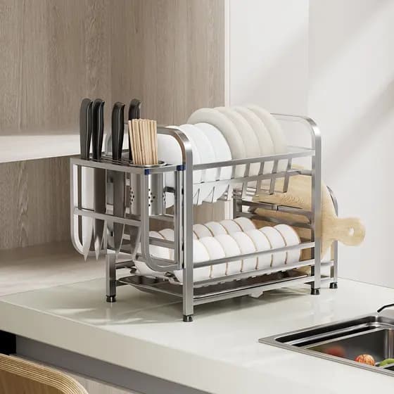 Rack de prato de aço inoxidável, bancada de cozinha, rack de drenagem para faca de prato, novo estilo, armário doméstico