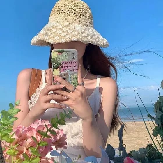 Chapéu de palha estilo Mori, chapéu de verão com renda fresca e flor, protetor solar, praia, férias, chapéu de sol, foto