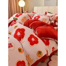Casamento leite veludo conjunto de quatro peças Coral veludo inverno engrossado grande vermelho feliz colcha capa mais v