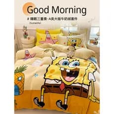 Bob Esponja Calça Quadrada Leite Veludo Cama Conjunto de Quatro Peças 2026 Novo Estilo Inverno Coral Colcha Capa Lençol