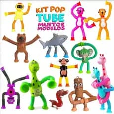 Kit 4 Girafas Sucção Pop Tube Luz Led com Ventosa Estica Brinquedo Infantil Anti Stress Dute Toy