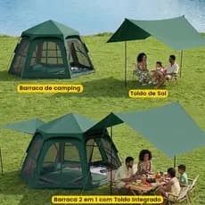 Barraca + Toldo 2 em 1, Hexagonal,  Lona Preta Reforçada, Impermeável para Chuva Forte, Camping e Pesca
