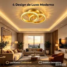 Luminária de Teto Cristal K9 Duplo Anel 3 Cores Moderna Luxo Sala Quarto