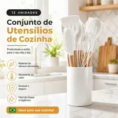 Não Risca Panelas Antiaderentes 19 Peças Kit Cozinha, Silicone Madeira com Facas Inox e Suporte