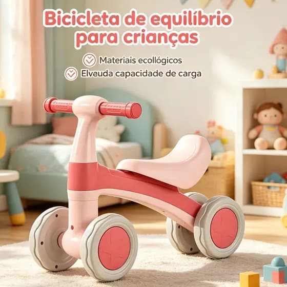 Bicicleta de Equilíbrio Infantil 4 Rodas Sem Pedais Anti-Tombamento 54x41cm Desenvolve Coordenação Motora Entrega