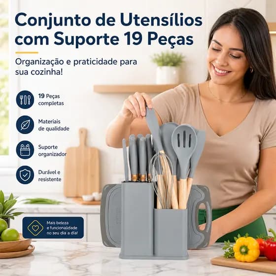 Não Risca Panelas Antiaderentes Kit Cozinha 19 Peças, Silicone Madeira com Facas Inox e Suporte