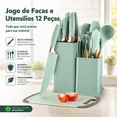 Kit Cozinha 19 Peças Silicone Antiaderente com Cabo de Madeira, Facas Inox e Suporte Organizador