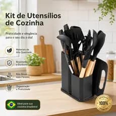 Kit Cozinha 19 Peças Não Risca Panelas, Silicone com Cabo de Madeira Facas Inox e Suporte Organizador
