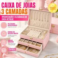 Caixa de Joias Feminina Com Trava 3 Camadas Couro PU, Com Ranuras para Anéis e Ganchos para Colares