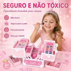 Conjunto de Maquiagem Infantil Não Tóxico e Seguro, Lavável Completo em Maleta Brinquedo para Meninas