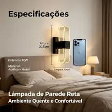 Luminária de parede com braço reto design simples elegante, luz suave proteção ocular bivolt para decoração residencial