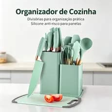 Kit Cozinha 19 Peças Suporte Organizador Silicone Antiaderente Cabo Madeira Facas Inox