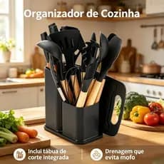 Organizador de Cozinha Porta Utensílios 19 Peças Compartimentado com Tábua Corte Integrada e Drenagem Anti Mofo